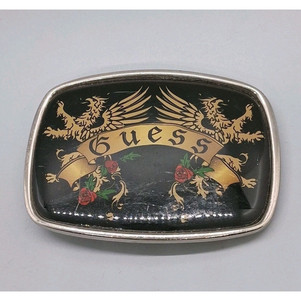 GUESS Belt Buckle Double Eagle Dragon Crest Red Roses Silver Chrome Glass VTG